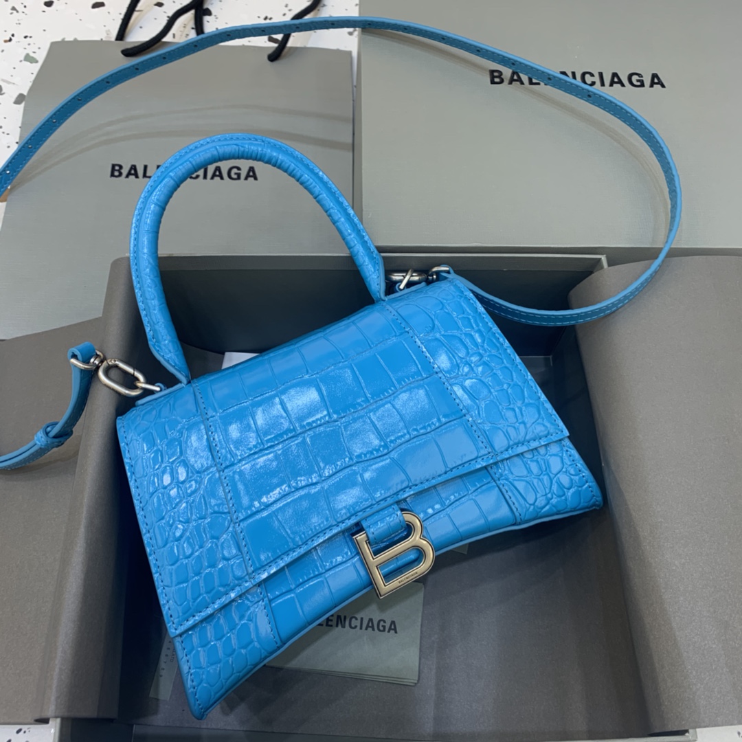 Balenciaga Hourglass Small Handbag Crocodile Embossed Shoulder Bag Light Blue